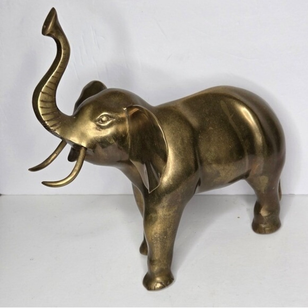 Vintage Mid Century Solid Brass Elephant Figurine Trunks Up Good Luck Decor 13" - Picture 10 of 11